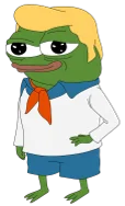 Papa character with a blond wig and orange bow tie